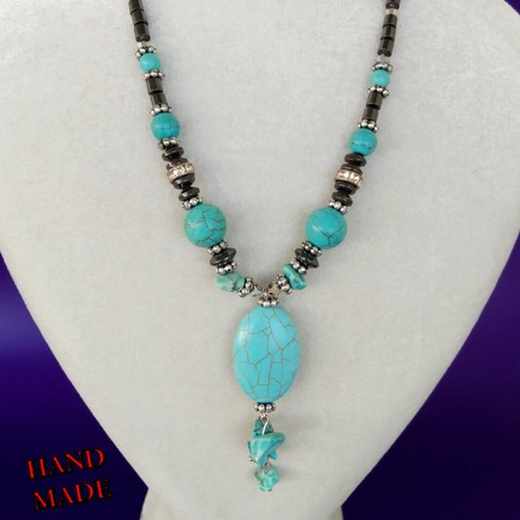 Turquoise Natural Stone Hematite Necklace - Picture 3 of 4